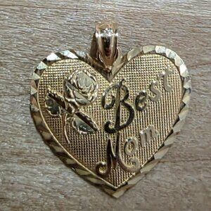 14K Gold Heart 'Best Mom' Pendant with Rose Charm